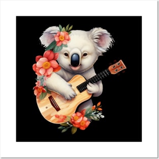 Koala Playing Guitar Floral Aesthetic Posters and Art